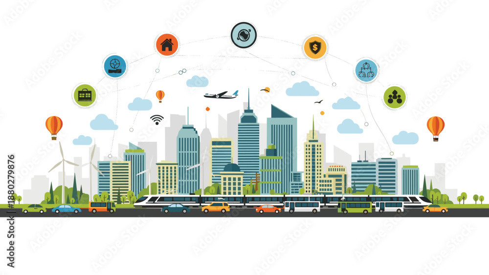 Obraz premium Smart city skyline features skyscrapers and a high speed train with icons representing connectivity, travel, and urban technology.