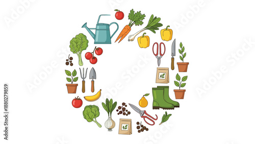 Circular arrangement of fresh vegetables, fruits, and gardening tools illustrates a healthy home grown lifestyle and organic farming.