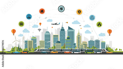 Smart city skyline features skyscrapers and a high speed train with icons representing connectivity, travel, and urban technology.