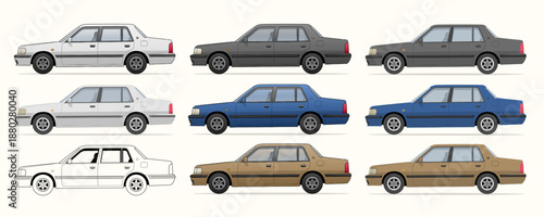 Classic four-door sedan shown in clean side view with flat vector style and consistent proportions, ideal for transportation concepts, catalogs, and design layouts in editable vector format.