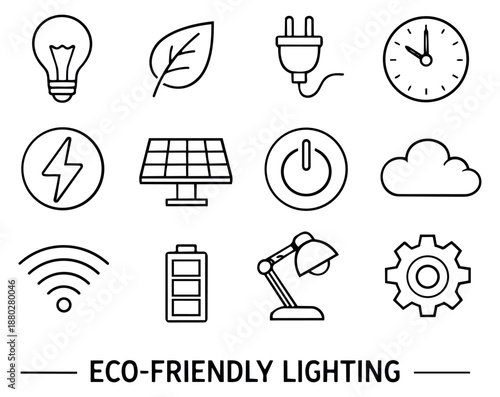 Line art technology and energy icon set featuring a light bulb, solar panel, and battery for modern concepts