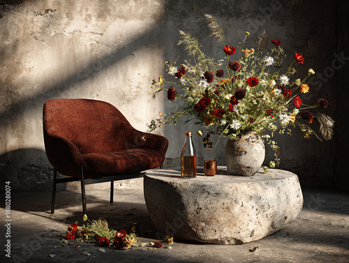 A bouquet of roses, a symbol of love. Minimal modern living room decorated for valentine day.