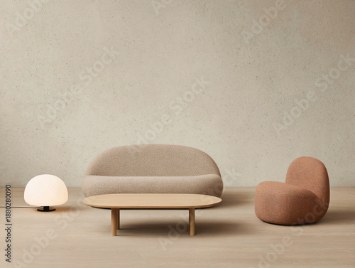 Modern minimal living room styled. featuring a rose and beige sofa, a round coffee table, and a single person chair beside it.
