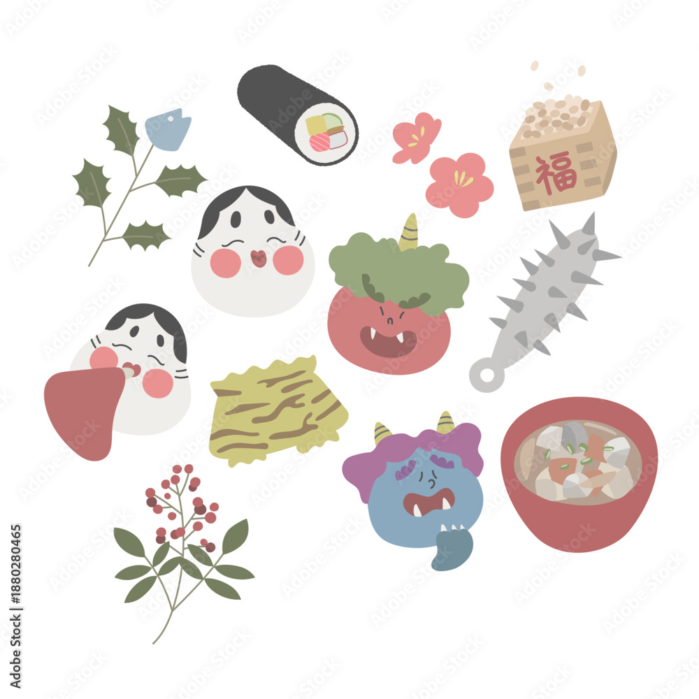 Fototapeta premium 節分 手描き素材イラストセット