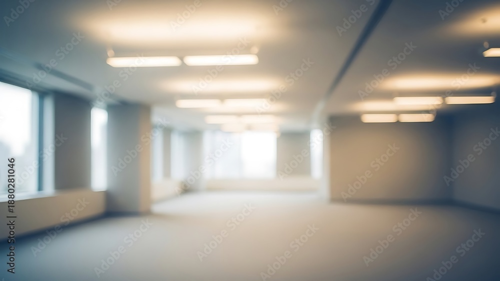 Fototapeta premium Blurred spacious office interior with natural light, creating serene workspace