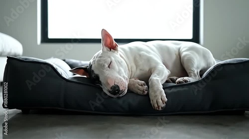 A serene white bull terrier dog peacefully sleeps in a luxurious leather pet bed near a bright window conveying comfort relaxation and modern home life