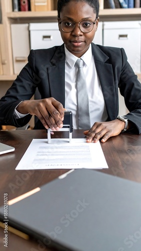 African woman in glasses/suit stamps paper on wooden desk in bright office