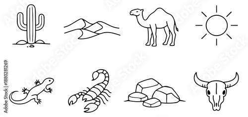 Hand drawn line art desert elements set featuring a cactus, sand dunes, camel, sun, lizard, scorpion, rocks, and bull skull for desert nature