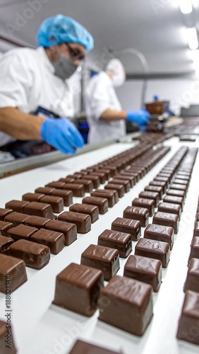 Neat rows of chocolate candies are prepped by workers on a factory conveyor belt, ready to be packaged