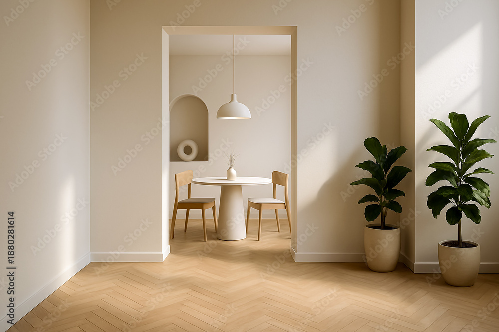 Fototapeta premium Minimalist modern interior with light wood herringbone flooring, cream walls, round dining table, sculptural chairs, pendant light, and potted plants, symbolizing elegance, simplicity, and contemporar