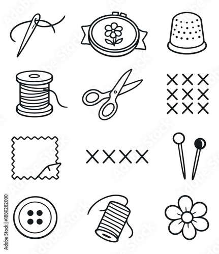 Hand drawn line art sewing and embroidery tools set featuring needles, thread, and scissors for craft projects