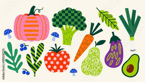 Colorful illustration of stylized vegetables and fruits with unique patterns, embodying a fresh, healthy eating concept, promoting natural nutrition and wholesome well-being