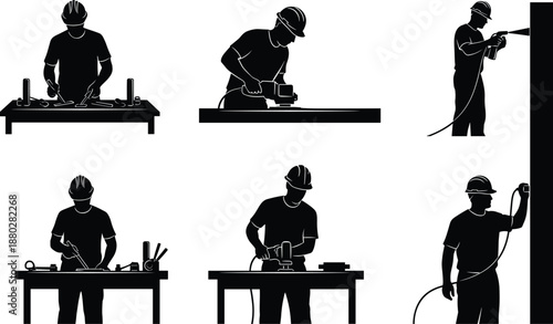 Set of Construction Worker Silhouettes Wearing Hard Hats Using Power Tools Painting and Woodworking on Workbench for Industrial Building and Home Renovation Project Concept