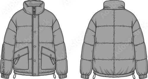 Technical Vector Illustration of a Gray Winter Puffer Jacket Featuring Front and Back Views with Quilted Padding Pockets and Zipper for Fashion Apparel Design