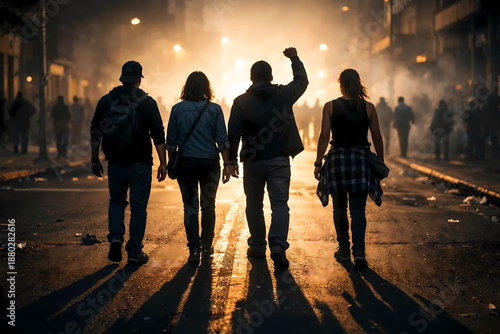 back view of protesters in street in unknown country marching into brightly lit area