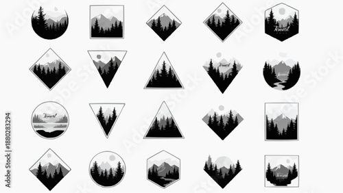 Minimalist Mountain Landscape Icons Grid