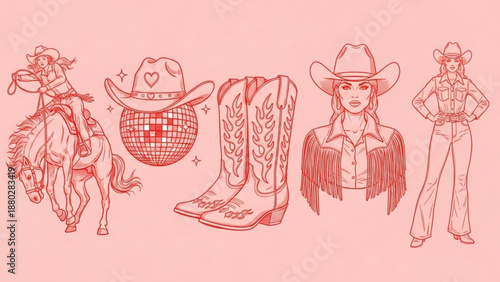 cowgirl illustrations, featuring iconic hats, stylish boots, and dynamic poses that evoke the spirit of adventure and rodeo fashion
