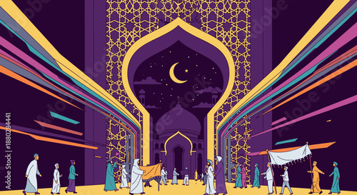 A captivating illustration portrays a vibrant Islamic celebration at night, with people gathering near a majestically illuminated mosque under a starry sky and crescent moon.