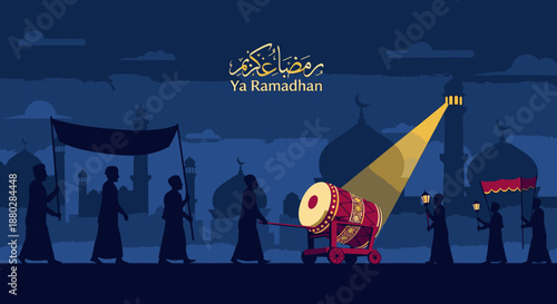 A traditional Ramadan night procession featuring a large illuminated drum and people carrying lanterns, celebrating the holy month with cultural reverence.
