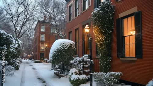 Snow-covered street with historic brick buildings and warm lights.