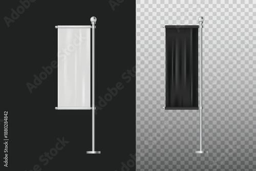 Realistic 3D roll-up banner stand vector for exhibitions, promotions, events, and professional advertising displays.