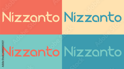 Colorful text illustration of nizzanto wordmark in four different color variations on solid backgrounds
