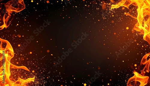 Fiery frame with burning flames at the corners, sparkling embers, and a dark center