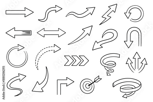 Hand drawn line art arrows set featuring diverse directional and curved symbols, including a target, for pointing, navigation, and goal indication