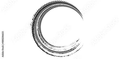 Tire track. Car, bike, motorcycle tyre mark with grunge effect isolated on white background. Wheel footprint on the road. Top view of rubber protector mark.