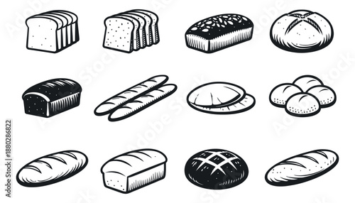 Hand drawn line art bread set featuring various loaves and rolls for bakery and food themes