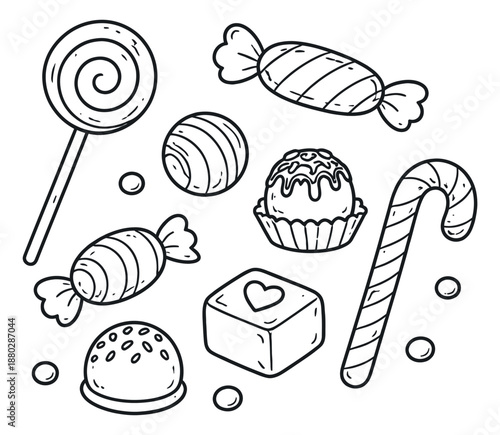 Hand drawn line art sweets and candies set featuring lollipops, candy canes, wrapped candies, and chocolates for confectionery designs