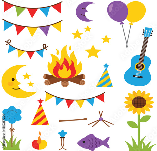 Cute camping and celebration icon set with bonfire, guitar, bunting flags, balloons, moon, sunflower and party elements flat vector illustration