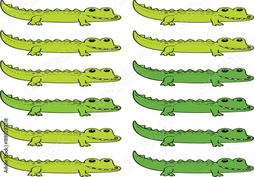 Cute cartoon crocodile character collection in different green colors, flat alligator animal set for children illustration