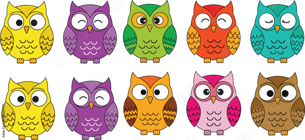 Fototapeta premium Cute colorful owl character set with different expressions, cartoon bird collection flat vector illustration for kids