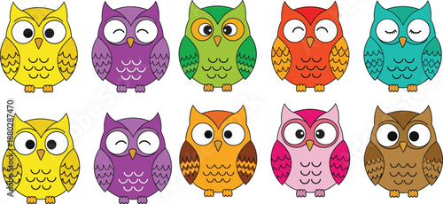 Cute colorful owl character set with different expressions, cartoon bird collection flat vector illustration for kids