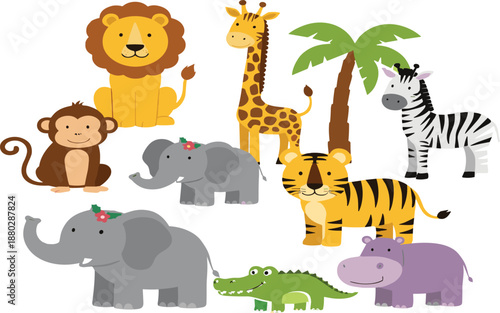 Cute jungle animal character set with lion, giraffe, elephant, zebra, tiger, crocodile and hippo, flat vector illustration