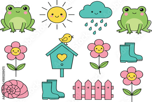 Cute spring and weather icon set with frogs, sun, rain cloud, birdhouse, flowers, boots and snail flat vector illustration