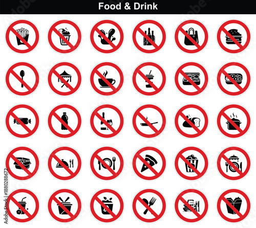 Assorted warning icons depicting forbidden food and drink consumption, such as no fast food or hot beverages