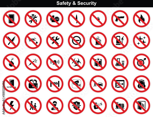 Assorted warning icons outlining safety and security rules, such as no firearms, hazardous materials, or blocked doorways