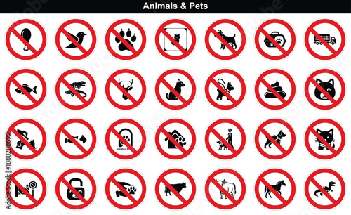 Collection of animal and pet prohibition signs indicating forbidden activities in specific public areas
