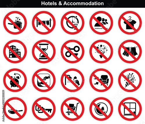 Common hotel and accommodation policies shown with simple prohibition icons, including no cooking or loud noises