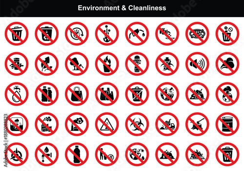 Grid of environment and cleanliness prohibition signs for ecological awareness and waste management campaigns