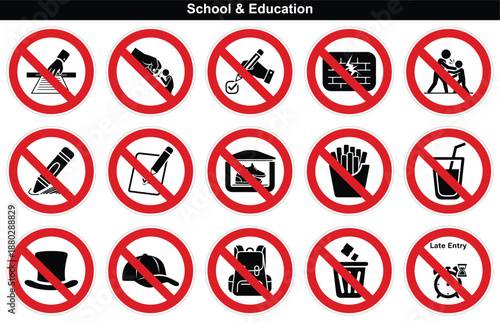 Grid of school and education prohibition signs promoting a disciplined learning environment for students