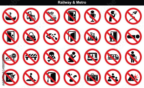 Prohibited railway and metro station signs displaying rules for passenger safety and operational order