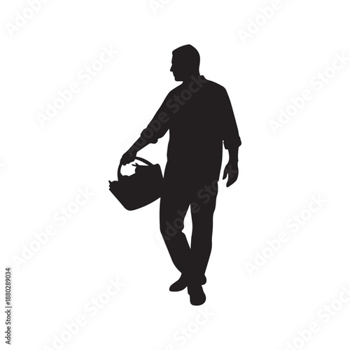 Man holding a basket while standing in a relaxed pose on white Backgroun or single icon silhouette vector 