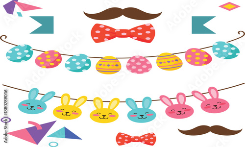 Easter party decoration set with bunny face garland, colorful egg bunting and bow tie elements, festive flat vector illustration