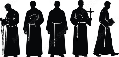 Catholic monk priest silhouette set illustration showing religious clergy figures holding bible cross and rosary isolated on white background spiritual faith concept