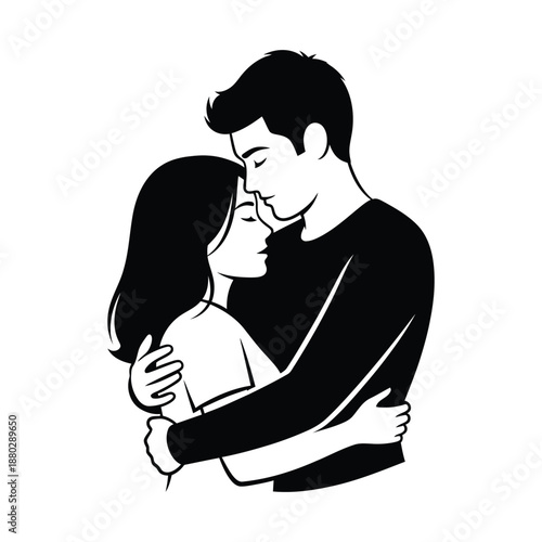 Valentines day young couple hugging tightly in black and white vector