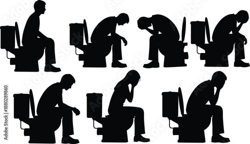 Depressed man sitting on toilet silhouette illustration set showing emotional stress sadness anxiety and mental health problems isolated on white background concept