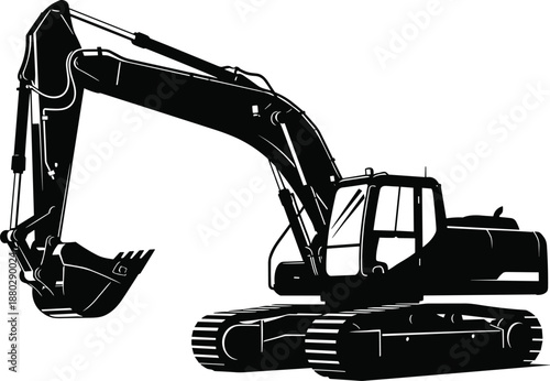Excavator construction machine silhouette illustration showing heavy equipment digger with bucket isolated on white background industrial engineering earthmoving concept